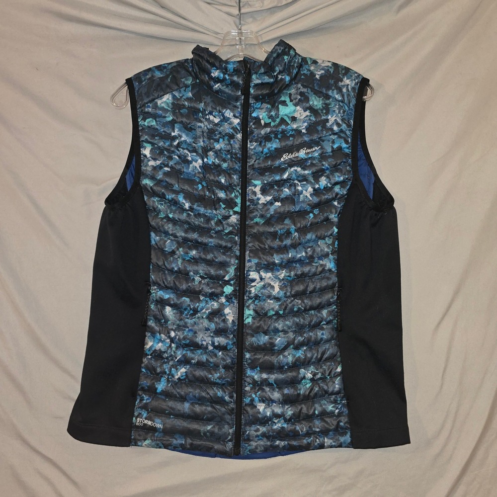 Eddie Bauer StormDown 800 Vest L Womens Blue Teal Camo First Ascent Down Puffer